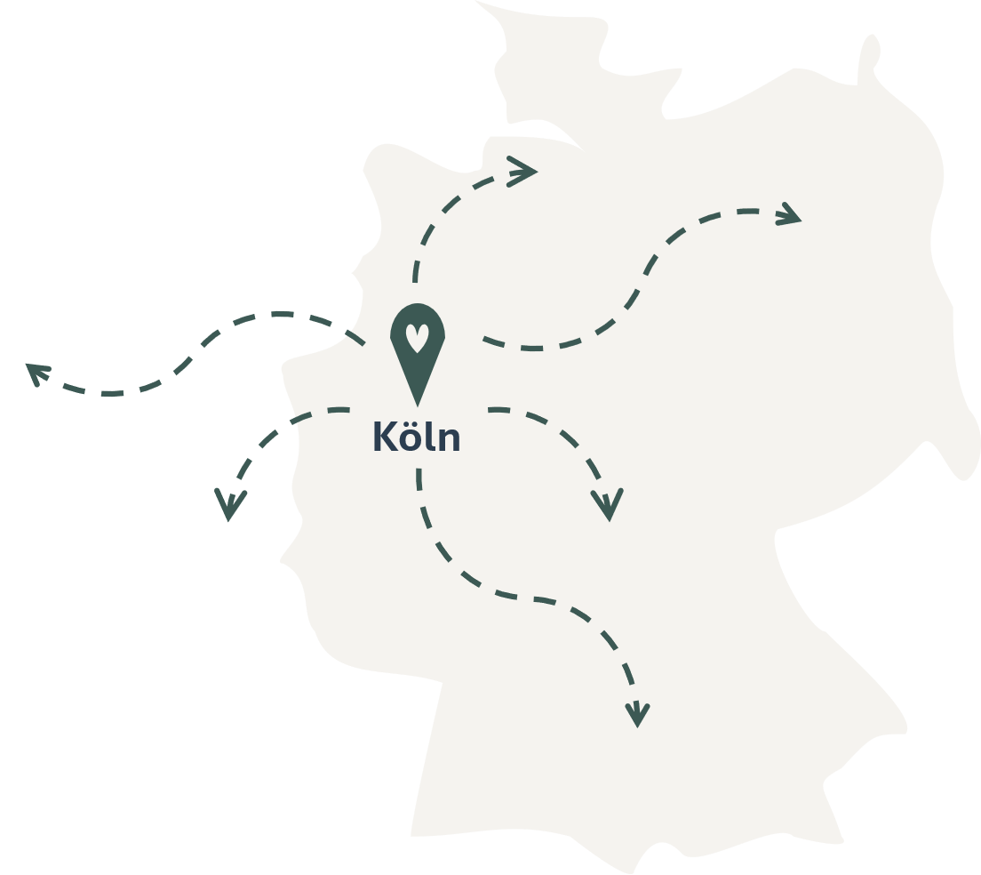 Karte Fokus auf Köln und Pfeilen in alle Richtungen – freie Rednerin für Zeremonien deutschlandweit und darüber hinaus unterwegs